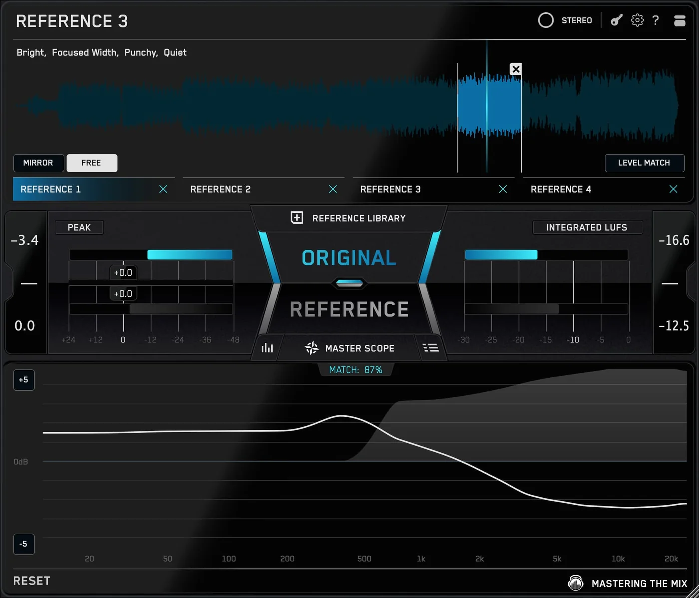 REFERENCE plugin interface comparing your track with a reference, showing waveform, level meters and a frequency match curve