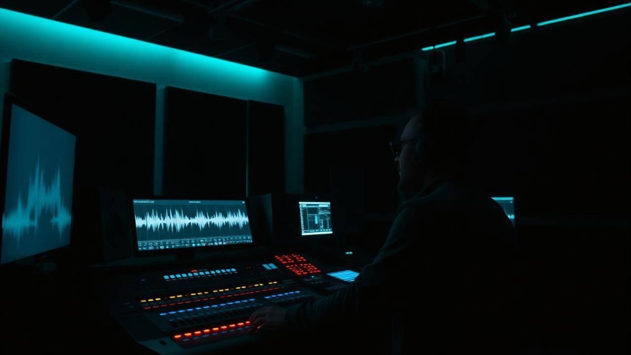 Producer working on a master in a dark studio with waveforms on screen